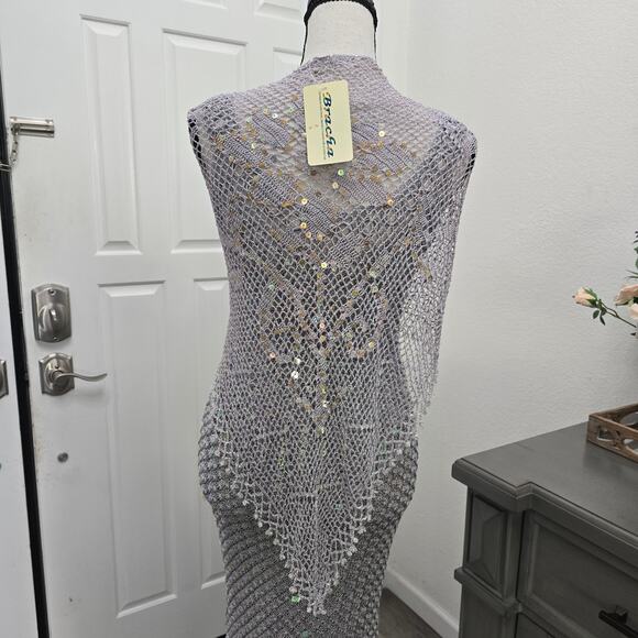 Women's Hand Crochet Sequin Sparkly Gown Shawl Silver S Formal Elegant DiscoLuxe - Picture 9 of 16